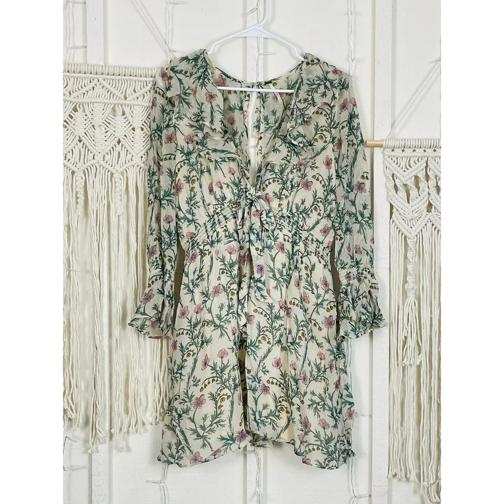 $128 Free People Floral Mini Dress Cream Ruffle Tie Front Women SM Cottagecore